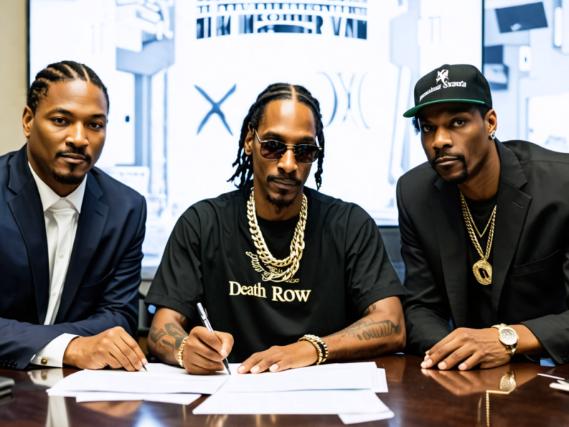 Create an image of Snoop Dogg signing a publishing agreement with executives from Death Row Records and Reservoir Media in a sleek, modern office setting. Showcase Snoop's iconic style with his tradem