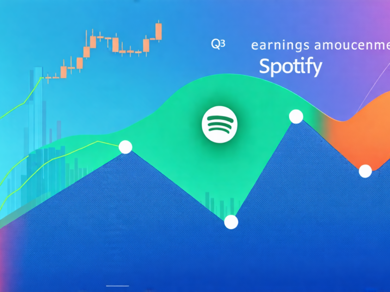 Create an image depicting a Spotify stock graph, showing a sharp peak followed by a slight dip. Place the Spotify logo prominently at the peak and highlight the Q3 earnings announcement date with a ca