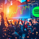 Create an image showcasing a vibrant stock market scene with a noticeable upward trend on a graph, prominently featuring the Spotify logo. In the background, there are excited traders celebrating and