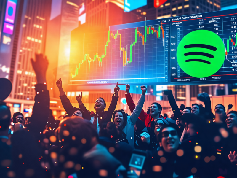 Create an image showcasing a vibrant stock market scene with a noticeable upward trend on a graph, prominently featuring the Spotify logo. In the background, there are excited traders celebrating and