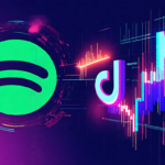 Create an image capturing the excitement of Spotify's stock market success, with an erupting stock chart showing a meteoric rise next to the iconic Spotify logo. Incorporate elements that suggest the