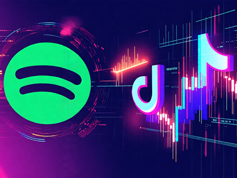 Create an image capturing the excitement of Spotify's stock market success, with an erupting stock chart showing a meteoric rise next to the iconic Spotify logo. Incorporate elements that suggest the