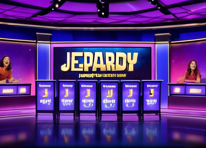 An illustration of a 'Jeopardy!' game show set, featuring three contestants excitedly pressing buzzers with a large screen displaying multiple choice Grammy trivia questions in the background, under b