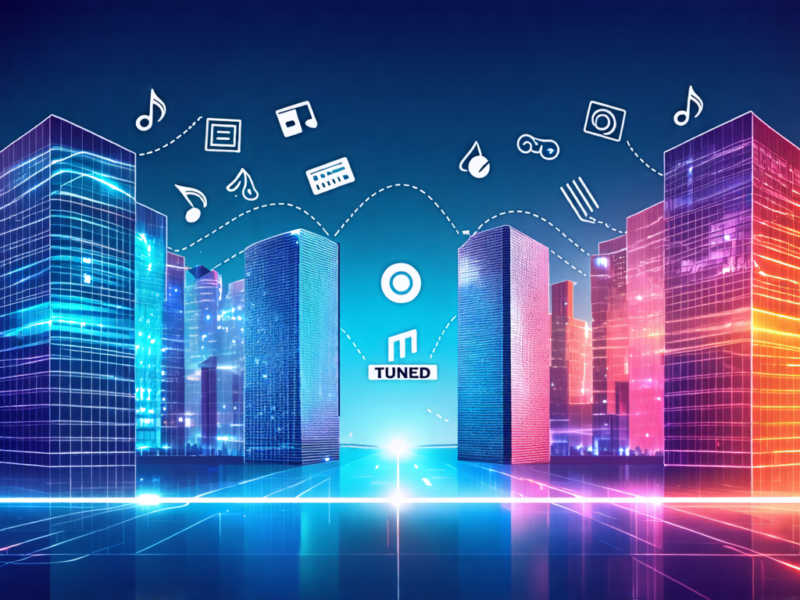 A professional, modern illustration depicting a business partnership between Tuned Global and Universal Music, featuring two corporate buildings connected by a glowing, streamlined pathway representin