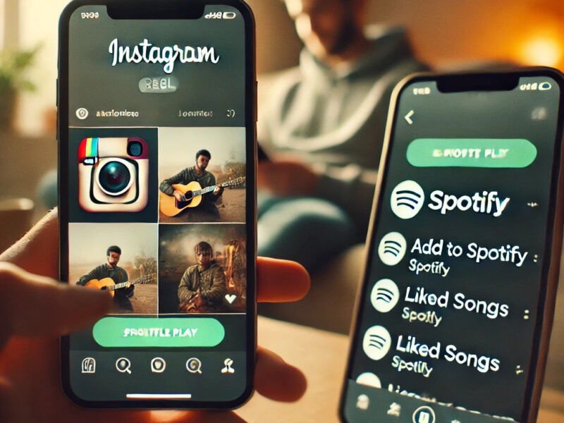 A-high-resolution-image-showing-a-smartphone-screen-displaying-an-Instagram-Reel.-The-Reel-includes-a-visible-Spotify-icon-with-an-Add-to-Spotify