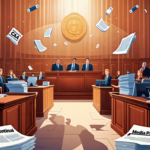 Create an image depicting a tense courtroom scene where representatives from two corporate entities are embroiled in a legal battle. One group is labeled CAA and the other Range Media Partners. The at