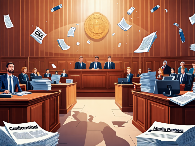 Create an image depicting a tense courtroom scene where representatives from two corporate entities are embroiled in a legal battle. One group is labeled CAA and the other Range Media Partners. The at