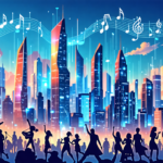 Create an image of a futuristic, bustling cityscape where the skyline is filled with towering skyscrapers shaped like musical instruments. In the foreground, diverse groups of people of all ages and c