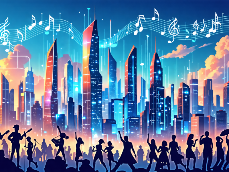 Create an image of a futuristic, bustling cityscape where the skyline is filled with towering skyscrapers shaped like musical instruments. In the foreground, diverse groups of people of all ages and c