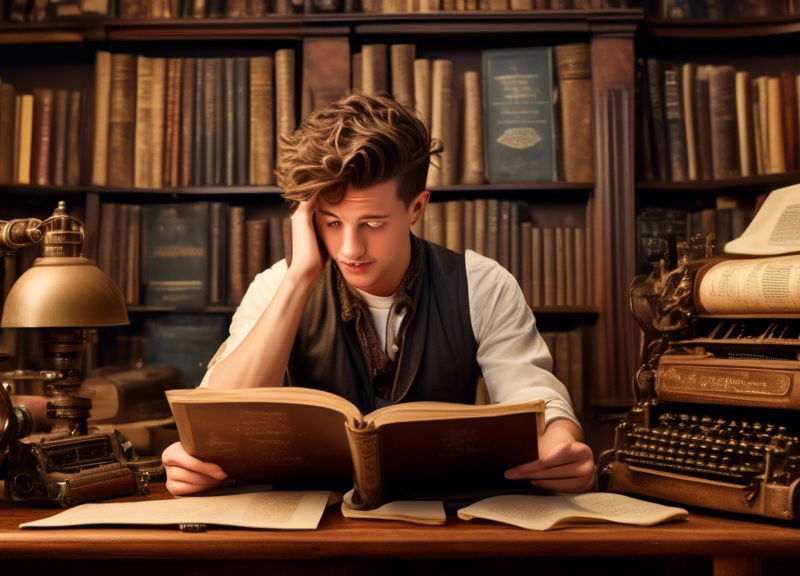 Charlie Puth in a quaint, whimsical library, surrounded by antique books and vintage typewriters, scratching his head in confusion while reading a scroll titled 'Tortured Poets Department' that looks