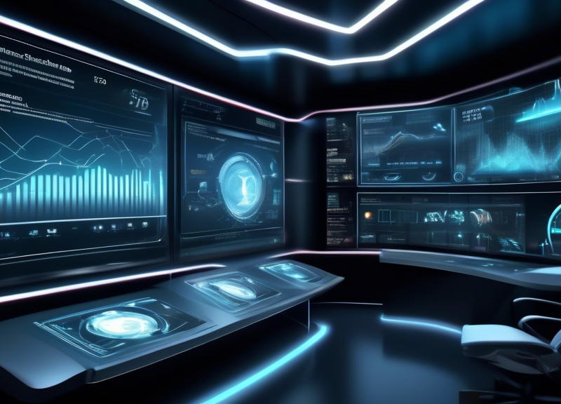 Create a futuristic graphical dashboard interface displaying real-time data analytics, featuring a sleek, minimalist design with interactive 3D charts and holographic elements, set in a high-tech cont