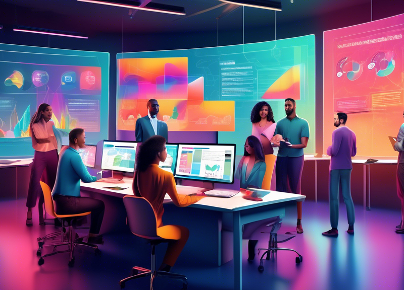 Digital artwork of a modern office environment with a diverse team of marketers creatively brainstorming and designing a landing page on a large digital screen, set against a backdrop of colorful grap