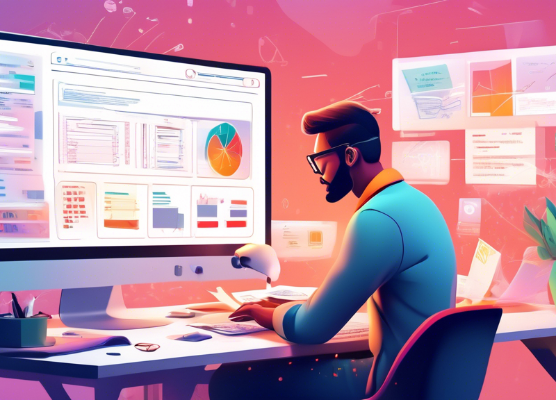 An artful, digital illustration of a web designer creating a visually engaging and user-friendly landing page on a computer, with visual aids like checklists, conversion metrics, and user feedback sca