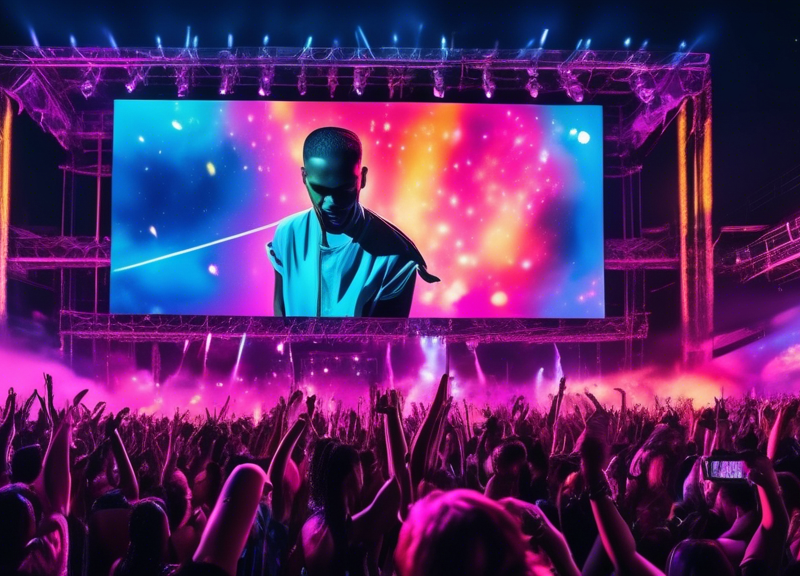 Dynamic concert stage featuring Halsey, J Balvin, and Big Sean performing live with an exhilarated audience, vibrant lights, and large screens displaying 'Amazon Music Live' during a clear starry nigh