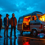 Create an image of an indie band standing solemnly in front of their tour van parked in a scenic, rainy Seattle street. The band members look distraught as the van's doors hang open, revealing an empt