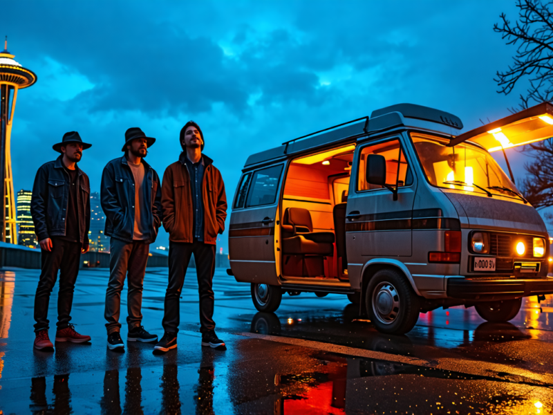 Create an image of an indie band standing solemnly in front of their tour van parked in a scenic, rainy Seattle street. The band members look distraught as the van's doors hang open, revealing an empt