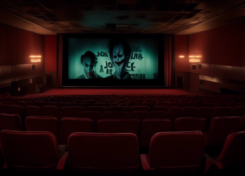 An atmospheric image of a dimly lit, empty movie theater, with a poster of 'Joker: Folie à Deux' prominently displayed in the background, under the eerie glow of a single flickering light.