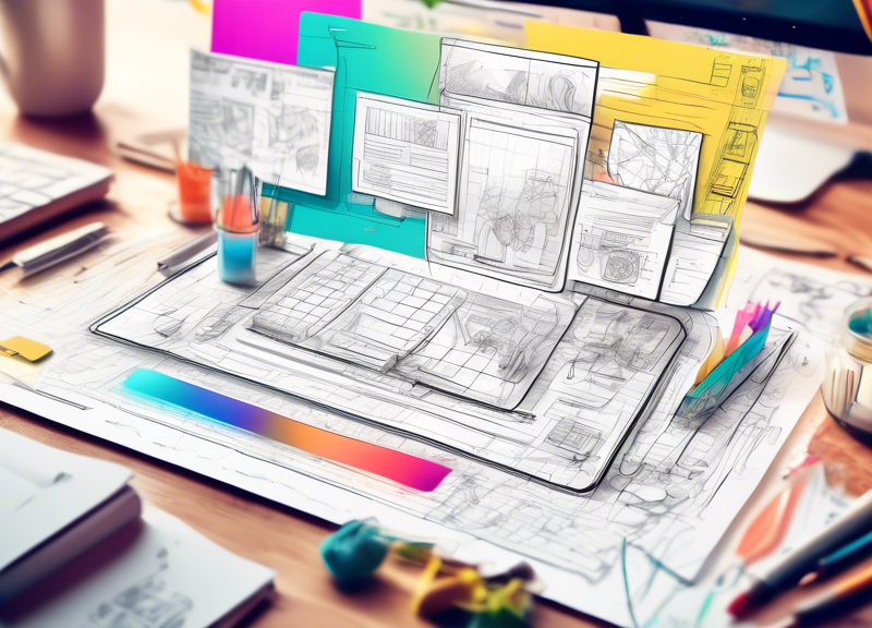 Artistic illustration of a detailed, colorful landing page wireframe on a digital designer's workspace, surrounded by notes, sketches, and digital tools, with a soft focus background highlighting brai