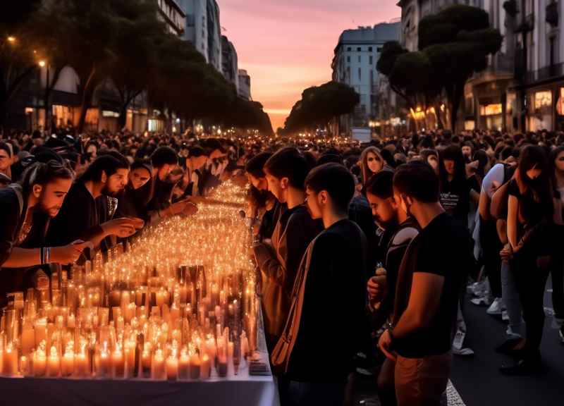 Poignant scene of diverse fans holding candles and posters during a sunset vigil in the bustling streets of Buenos Aires, commemorating the legacy of Liam Payne.