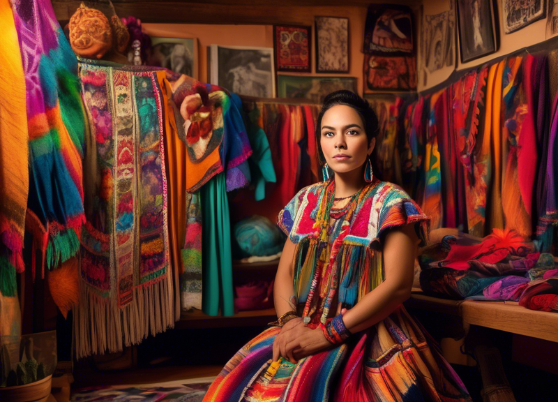 Portrait of Majo Aguilar trying on various traditional and modern Mexican stage outfits, surrounded by vibrant textiles and cultural artifacts, in a cozy, well-lit dressing room.