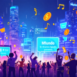 Create a digital illustration depicting a futuristic cityscape in 2025, where music is integrated into daily life. In the foreground, show a diverse group of musicians celebrating, surrounded by digit