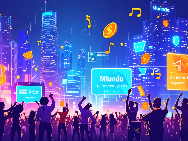 Create a digital illustration depicting a futuristic cityscape in 2025, where music is integrated into daily life. In the foreground, show a diverse group of musicians celebrating, surrounded by digit