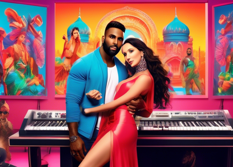 Digital artwork of Nora Fatehi and Jason Derulo collaborating in a vibrant, modern music studio, surrounded by Bollywood-themed decorations, with posters of famous Indian landmarks in the background.