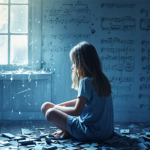 Create an emotionally evocative image depicting a young girl sitting alone in a dimly lit room, surrounded by shattered music notes. The atmosphere should evoke a sense of vulnerability and the breaki