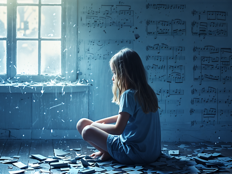 Create an emotionally evocative image depicting a young girl sitting alone in a dimly lit room, surrounded by shattered music notes. The atmosphere should evoke a sense of vulnerability and the breaki