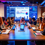 Create an image depicting a group of diverse music industry professionals gathered around a large table in a modern office setting. Each person is holding a document or device with the logos of Downto