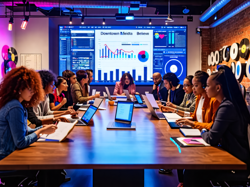 Create an image depicting a group of diverse music industry professionals gathered around a large table in a modern office setting. Each person is holding a document or device with the logos of Downto