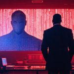 Create an image depicting a dramatic and mysterious scene with Sean 'Diddy' Combs standing in front of a giant computer screen displaying a silhouette of a secretive government worker. The screen is f