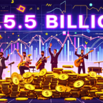 Create an image representing a futuristic, high-tech financial system showcasing an enormous digital vault overflowing with gold coins and musical notes. In the background, a holographic display shows