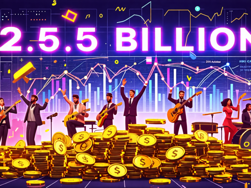 Create an image representing a futuristic, high-tech financial system showcasing an enormous digital vault overflowing with gold coins and musical notes. In the background, a holographic display shows