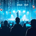 A digital scene showing a chaotic mix of disappointed concertgoers looking at blank screens on their devices, a background of a concert venue with an ominous 'Sold Out' sign, and a shadowy figure in t