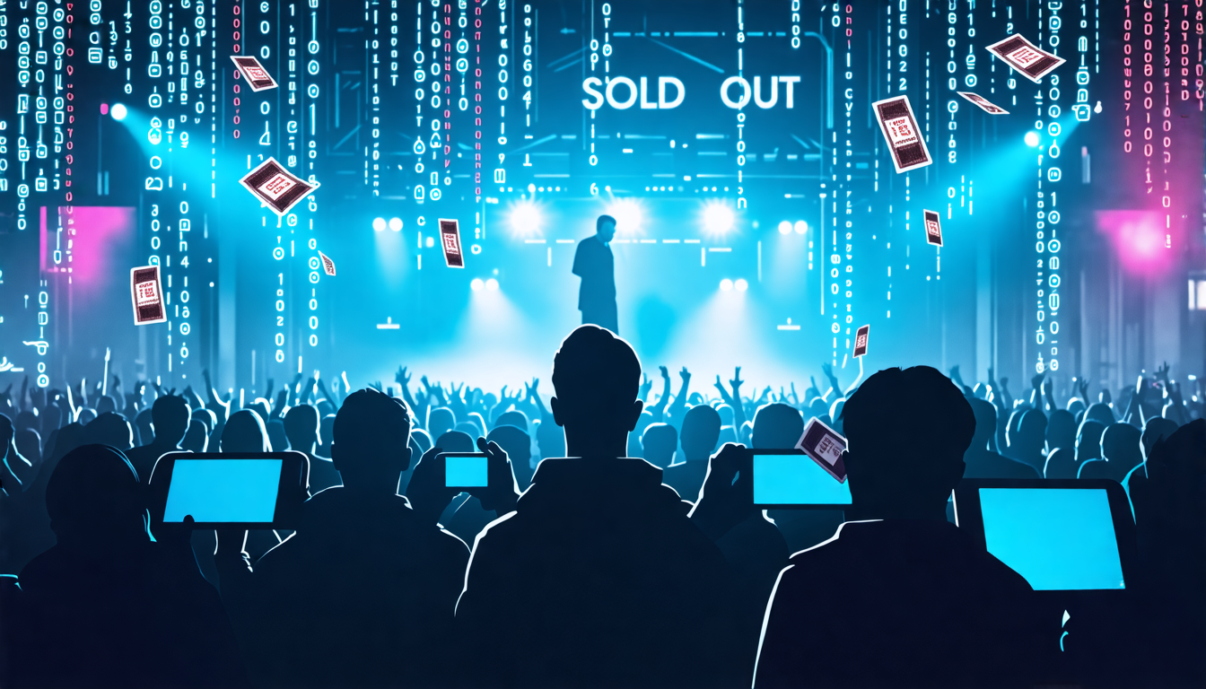 A digital scene showing a chaotic mix of disappointed concertgoers looking at blank screens on their devices, a background of a concert venue with an ominous 'Sold Out' sign, and a shadowy figure in t