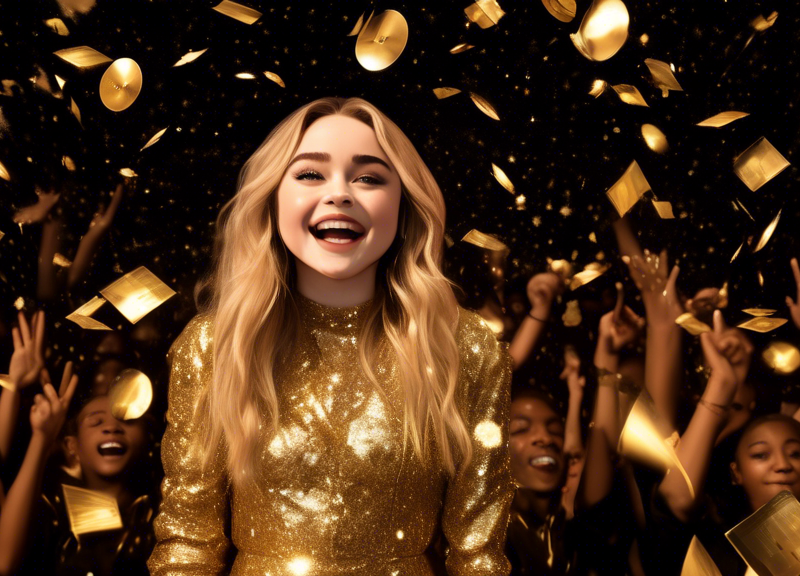 Portrait of Sabrina Carpenter performing on stage with her three hit songs visualized as shimmering gold records floating above her, surrounded by an enthusiastic crowd under a starlit sky.