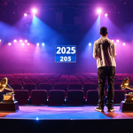 Create an image depicting a renowned musician, dressed in casual, down-to-earth attire, standing on a stage surrounded by Grammy trophies, but looking away with a thoughtful expression. The background