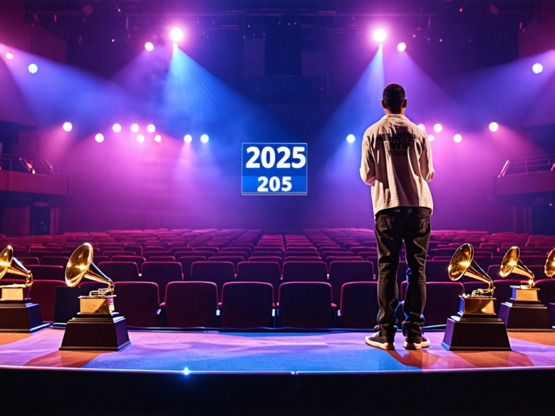 Create an image depicting a renowned musician, dressed in casual, down-to-earth attire, standing on a stage surrounded by Grammy trophies, but looking away with a thoughtful expression. The background