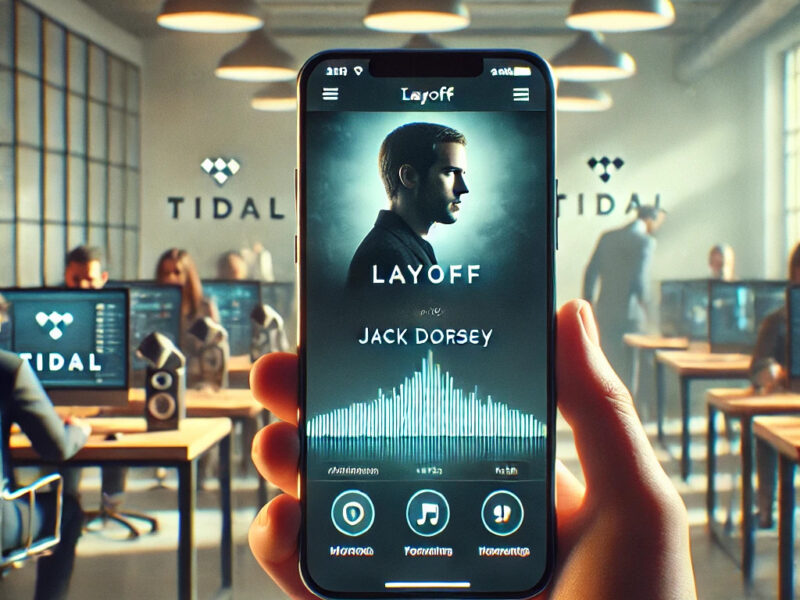 A high-resolution image showing a close-up of a smartphone screen displaying the TIDAL app interface, with a layoff announcement